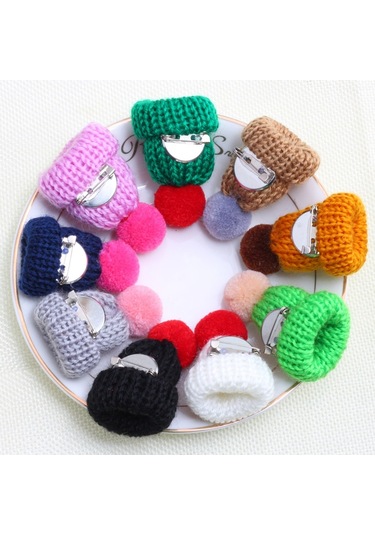 Sones 12 Adet Sevimli Mini Örgü Tüy Yumağı Şapka Broş Kazak Pins Rozet Kahve