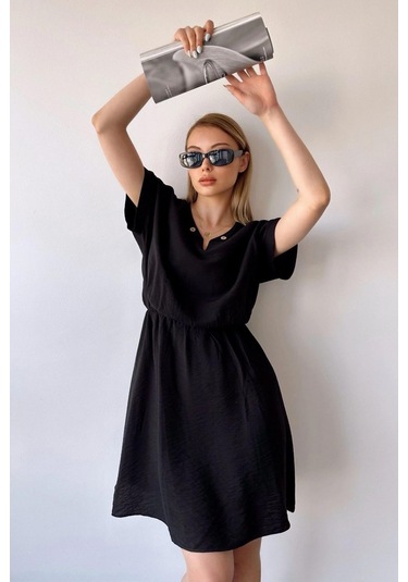 Kadın Siyah Kısa Kol, Kalp Yaka, Dokulu Desen, Bele Oturan, Aerobin Lastikli Bel Midi Elbise Siyah