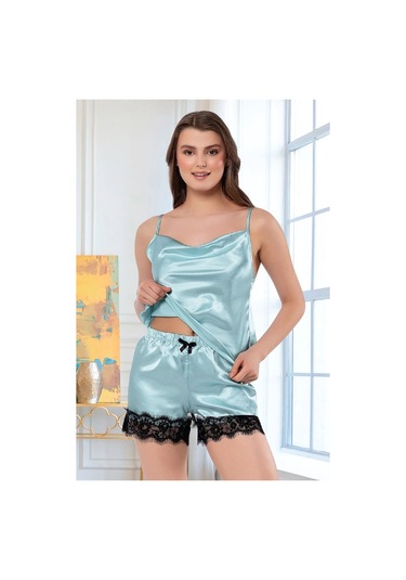 Faal 3102 Kadın Saten Degaje Yaka İp Askılı Şortlu Pijama Takım-mint Mint
