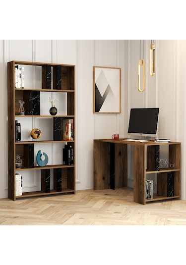 Variant Lima Çalışma Masası Ve Kitaplık Takımı - Ceviz / Siyah Me Ceviz