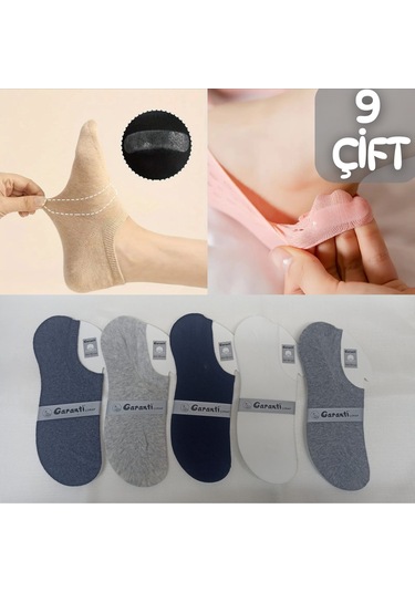 Silikonlu Unisex Görünmez Çorap 9 Lu Çok Renkli