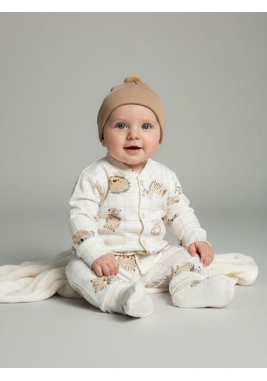 Zekids Bebek Pamuklu Eldivenli Üst Ve Patikli Altlı Pijama Takımı-16787 Bej
