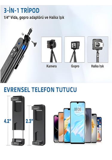 360 Ayarlanabilir Bluetooth Kumandalı 180 Cm Telefon Tripod Android İos Gopro Uyumlu