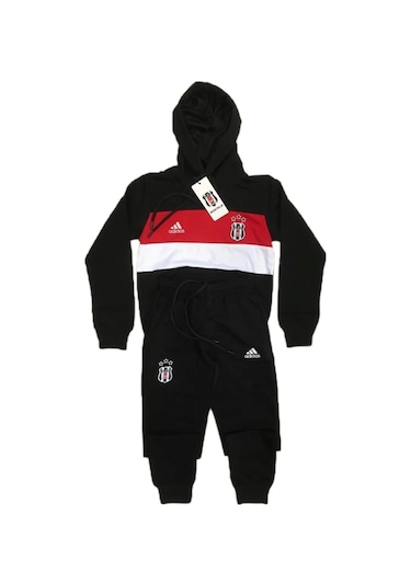 5-16 Yaş Arası Penye Kumaş Kapüşonlu Spor Eşofman Takım Siyah - Beyaz