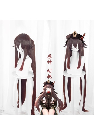 Mufunye Genshin Impact Hu Tao Küllü Peruk: Kahverengi Kırmızı Degrade İki马尾 Sahte Deri Scalp Tamirli Stokta Peruk+şapka Ağacı