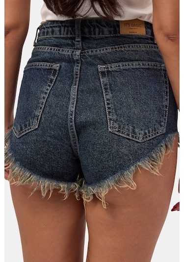 Itsbasic Kadın Koyu Kot 2s6 Mini Boy Paça Püsküllü Denim Şort
