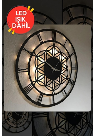 Led Işıklı Çiçek Duvar Saati Sessiz Dekoratif Modern Siyah Ahşap Siyah