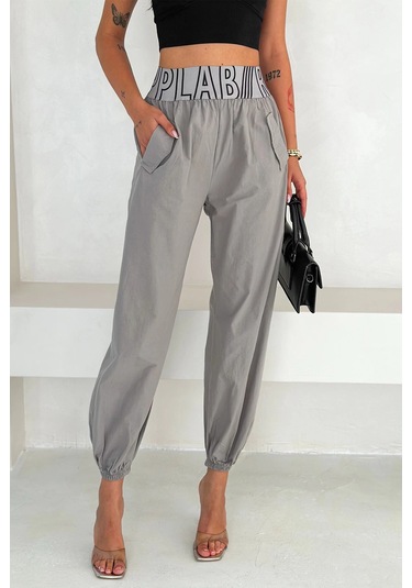 Yıkamalı Gabardin Lastikli Pantolon Gri