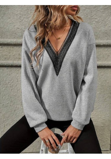 Kadın V Dantel Yaka Uzun Kollu Şardonsuz Üç İplik Bluz