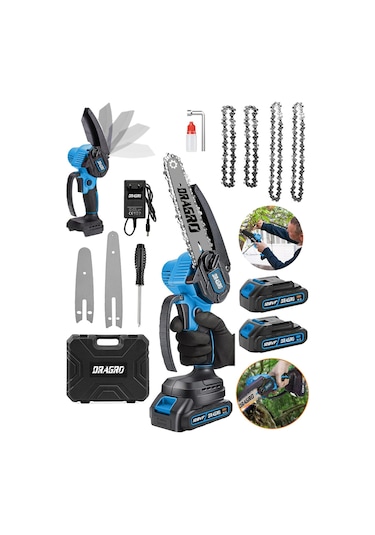 Dragro DRG-128z Mavi 128V 10 Ah Akülü Dal Kesme Budama Testere Bıçkı Makinesi - 4 Adet Zincir