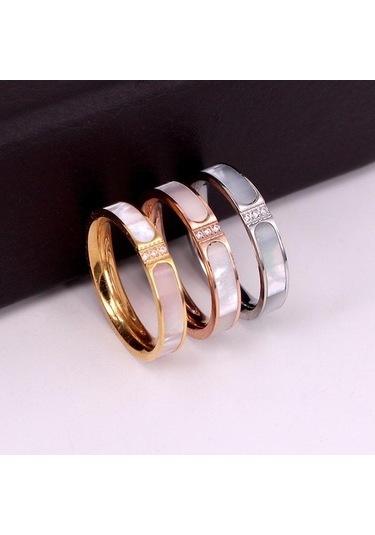 Novahub Altın Yeni Stil 2 Renkli Kakma Kabuklu Lüks Kristal Yüzük Kadın Alyans Nişan Bandı 8 Altın