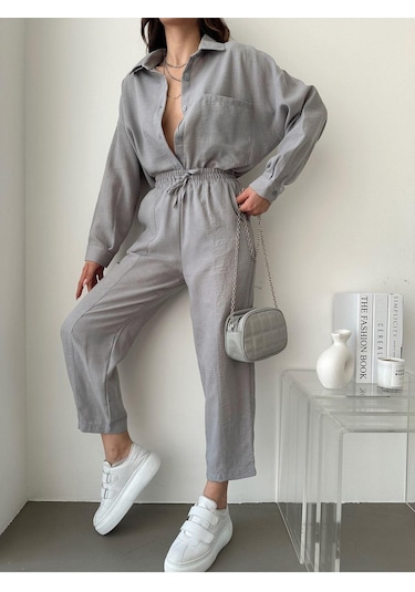 Kadın Oversize Keten Gömlek Pantolon Alt Üst Takım Gri