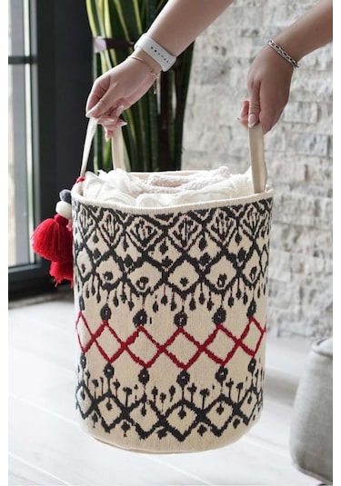 Kilim Yuvarlak Sepet, Saklama Kutusu, 37 X 30 Cm Desenli
