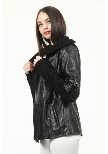 Dericlub Yb-2162 Gerçek Deri Kadın Kaban Siyah