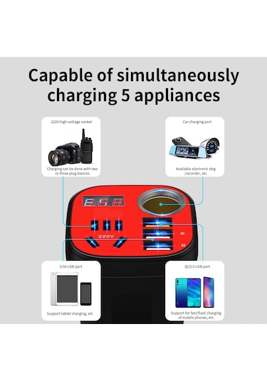 Youtek Araç Invertörü 12v/24v'den 220v'ye Çevirici, Usb Hızlı Şarj, Led Ekranlı, Siyah - Araba/kamyon Güç Kaynağı