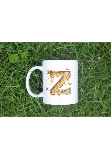 Z Harfi Bal Arısı Tasarım Kupa Bardak - Bal Ve Petek Desenli Kişiye Özel Kahve Kupası - Hediyelik Beyaz