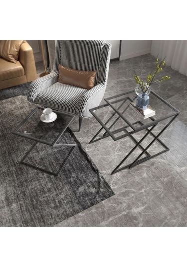 Misto Z Şekil Camlı Üçlü Zigon Sehpa Siyah