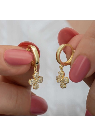 Aya Diamond Gümüş Gold Sallantılı Yonca Kadın Küpe Gold