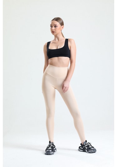 Caramel Yüksek Bel Toparlayıcı Dalgıç Kumaş Spor Günlük Tayt Ekru