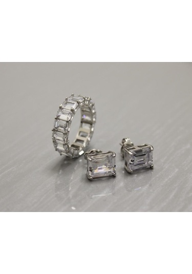 Silver Point Baget Taşlı Yüzük Ve Küpe Set Gümüş