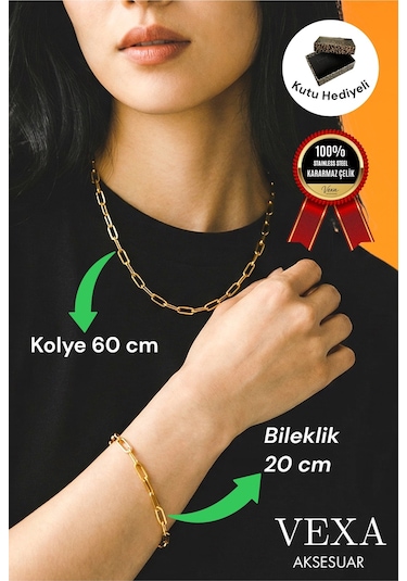 Kararmaz İthal Çelik Ataç Model Zincir Kolye & Bileklik Set Özel Kutulu, Hediyeli Ürün Altın