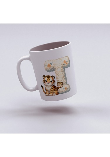 T Harfi Tasarım Bardak, Sevimli Hayvan Temalı Harf Bardağı Beyaz