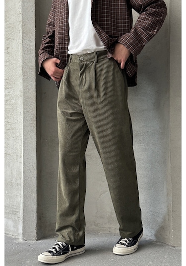 Erkek Pileli Baggy Kalıp Kadife Pantolon Haki