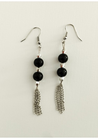 K209 Sallantılı Oniks Doğal Taşlı Küpe Gümüş - Siyah