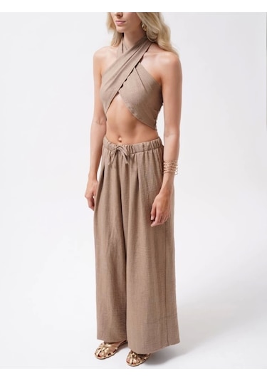 Defymoda Çapraz Bağlamalı Keten Crop Bej
