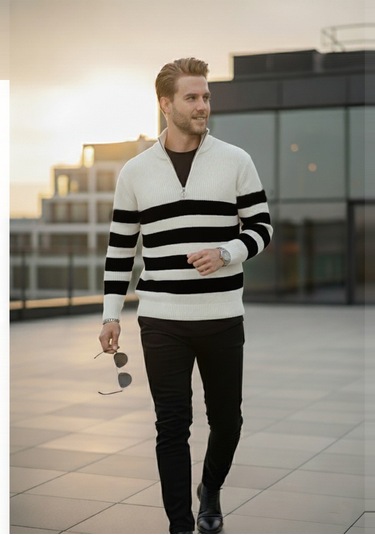 Deepsea Erkek Ekru Yarım Fermuarlı Oversize Kesim Triko Kazak Pamuklu Yumuşak Örgü Çizgili Kazak 2608513 Ekru