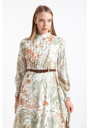 Hasır Örgü Kemer Detaylı Desenli Emprime Elbise Haki-haki Haki