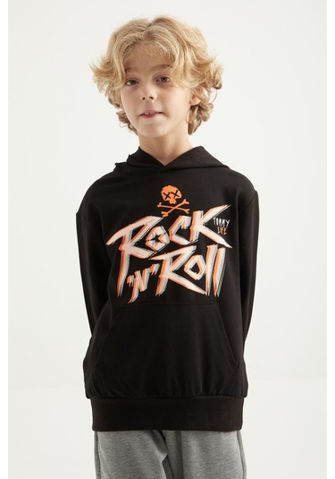 Tommy Life Siyah Yazı Baskılı Kanguru Cepli Kapüşonlu Standart Kalıp Erkek Çocuk Sweatshirt - 11002 Siyah