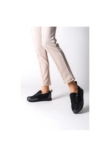 Kadın Galina Siyah Platın Bağcıklı Lastikli Ortopedik Rahat Taban Taş Detaylı Günlük Babet Anne Ayakkabısı-siyah Platin Siyah