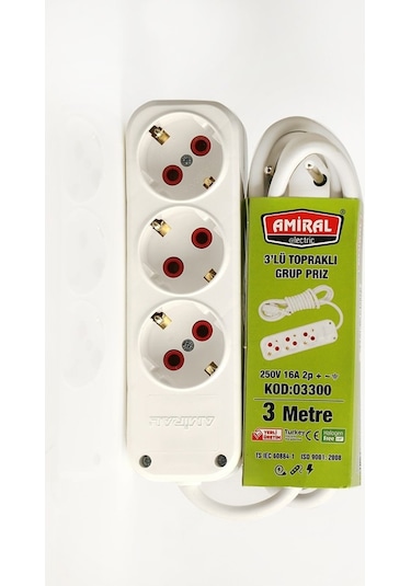 Amiral 3' Lü Topraklı 3 Metre Kablolu Grup Priz Diğer