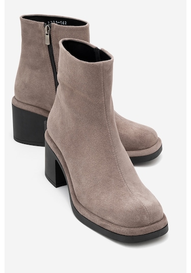 Junae Vizon Süet Hakiki Deri Kadın Kalın Topuklu Bot Vizon