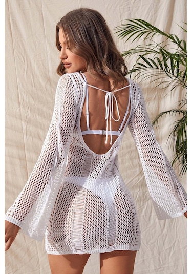 Angelsin Örme Pamuk Uzun Kollu Pareo Plaj Elbisesi Kimono Kaftan Siyah