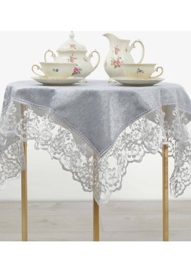 Favora Fatih Güpürlü Kadife Fiskos Örtüsü Gri