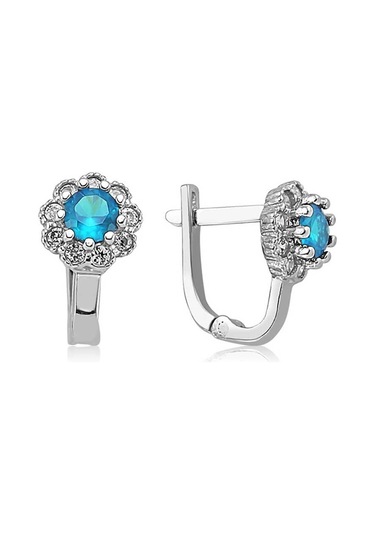 Supertrend Gümüş Turkuaz Çiçek Desenli Yuvarlak J Kadın Küpe Gümüş