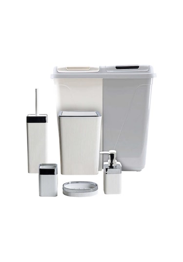 Violet Still Çamaşır Sepetli 6 Parça Kare Banyo Seti Beyaz - Gri