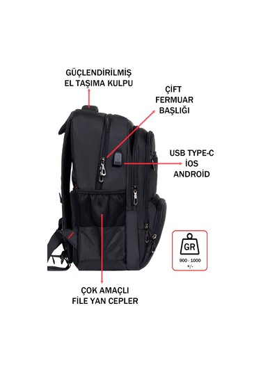 Dada 04 Siyah Laptop Sırt Çantası 14-15,6 İnç Usb Aparat Ortopedik Sırt  Darbe Emici Koruma