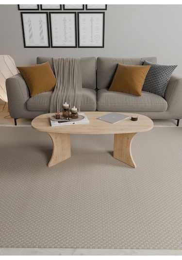 Oval Orta Sehpa Geniş Yüzeyli, Stabil Ayaklı Modern Salon Sehpası Safir Meşe