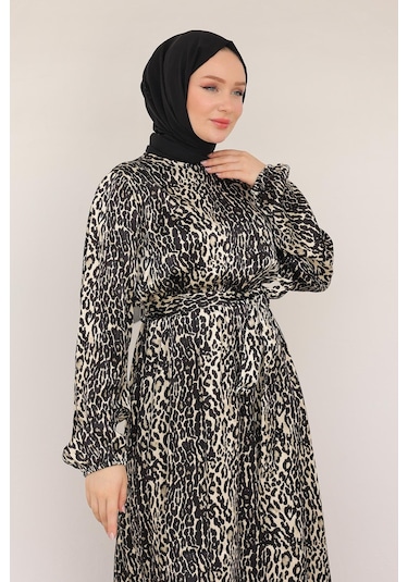 Armine Trend Leopar Desenli Beli Kemerli Elbise Siyah 24kt904 Siyah