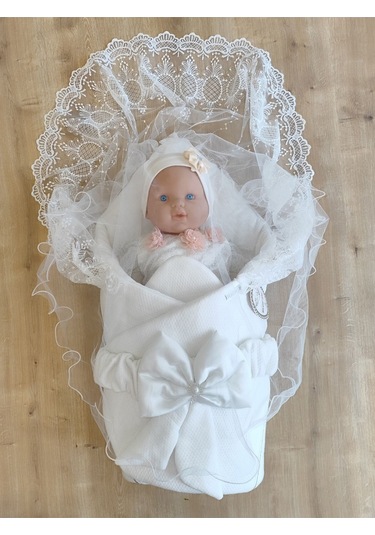 Ekru Kız Erkek Bebek Battaniyesi Kundağı %100 Pamuklu Dantelli Yenidoğan Hastane Çıkışı Mevlütlük Knd45255 Ekru