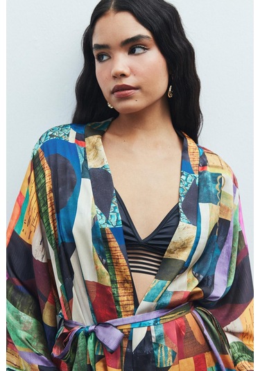 Fumée Coloré Desenli Kısa Saten Sabahlık / Kimono Çok Renkli