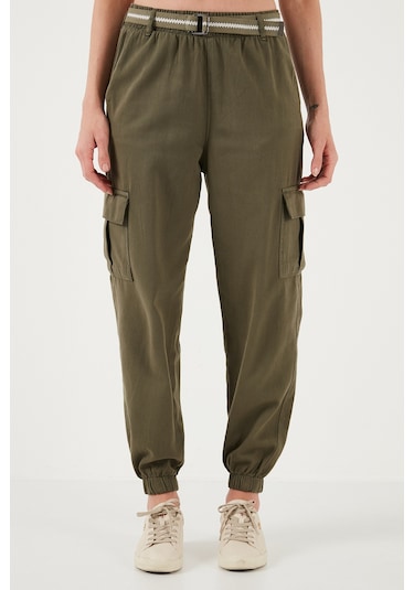 Lela Pamuklu Standart Fit Normal Bel Lastikli Paça Kemerli Jogger Bayan Pantolon 668Yp5045 Haki