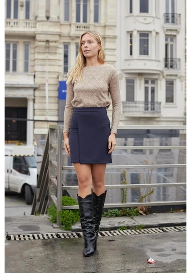 Kadın Hafif Likralı Kumaş Yüksek Bel Anvelop Kruvaze Hafif Mini Kalem Etek--lacivert Lacivert