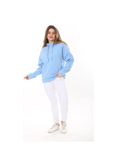 Kadın Büyük Beden Bebe Mavisi İçi Şardonlu 3 İplik Kumaş Kapşonlu Sweatshirt 65n37575-bebe Mavisi Bebek Mavisi