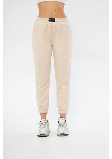 Lesa Wear Yüksel Bel Jogger Şardonlu Eşofman Altı Paçası Lastikli Bej