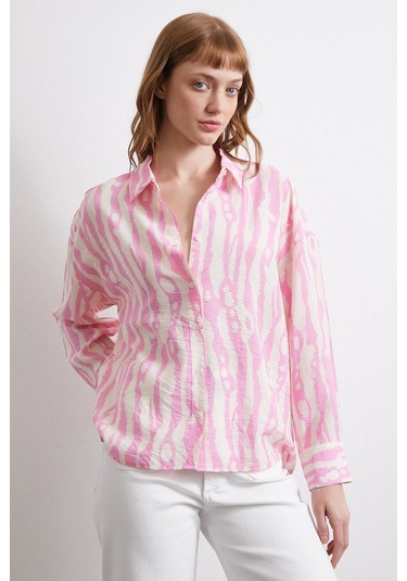 Zebra Desen Modal Gömlek Pembe Pembe