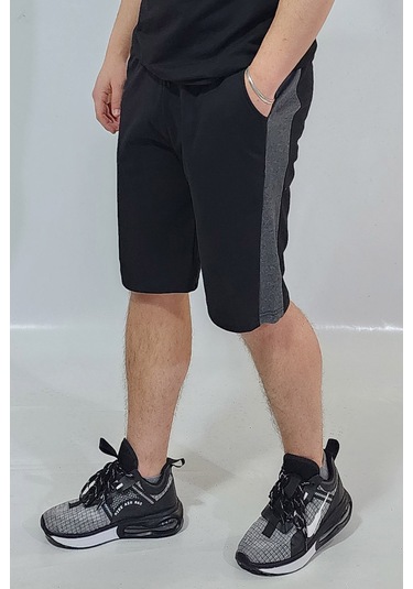 Erkek Siyah Yandan Şerit Detaylı Şort Siyah - Antrasit